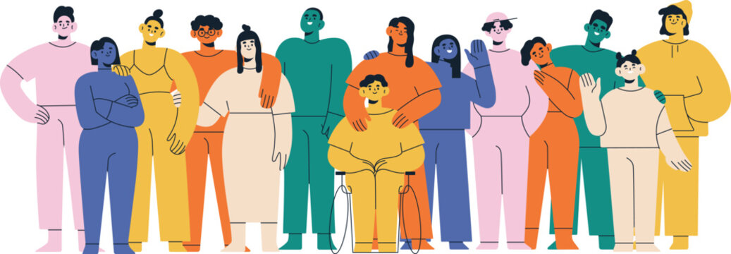 Diverse abstract characters, group portrait. Inclusive society, social community, diversity and equality concept. Multi-ethnic people. Colored flat vector illustration isolated on white background.