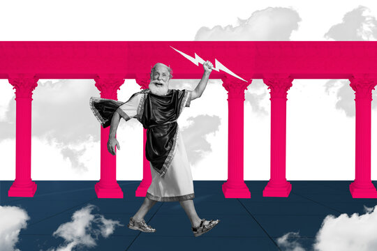Contemporary poster trend art collage of happy old man caesar senator carry lightning walk column architecture ancient era life