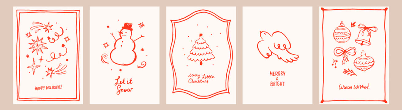 Retro hand-drawn Christmas greeting card set. Features mid-century doodle line art illustrations: snowman, tree, dove, and ornaments in red and cream.