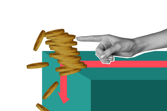 Composite trend artwork image collage of&nbsp;stats trader business analyze&nbsp;budget huge hand hold finger pull pile coins arrow down crisis