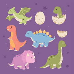 Cute Hand-Drawn Dinosaur Set with Baby Dino, Eggs, and Hatching Characters in Flat Vector Style © erlindraw