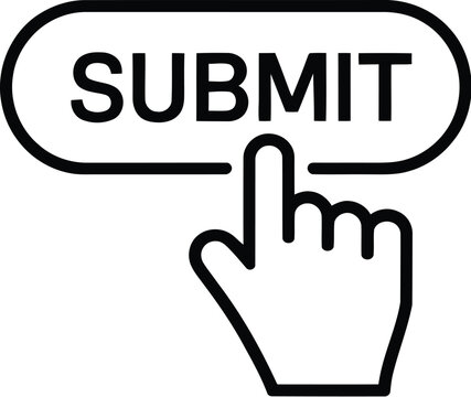 Finger clicking submit button on a touchscreen interface for online registration, digital applications, web forms and interactive user interface design

