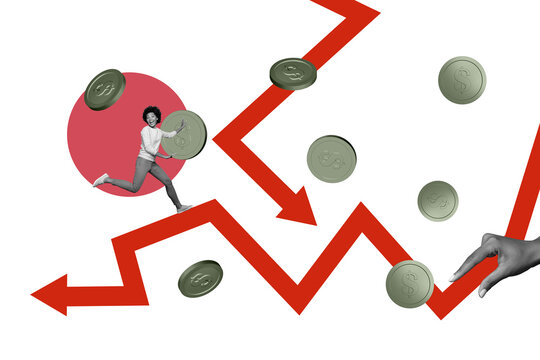 Composite photo collage of panic american girl run arrow decline dollar inflation coin recession loss hand isolated on painted background