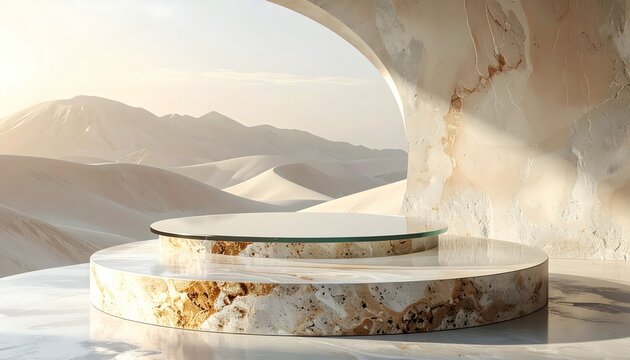 Elegant marble platform with natural desert landscape backdrop and architectural arch