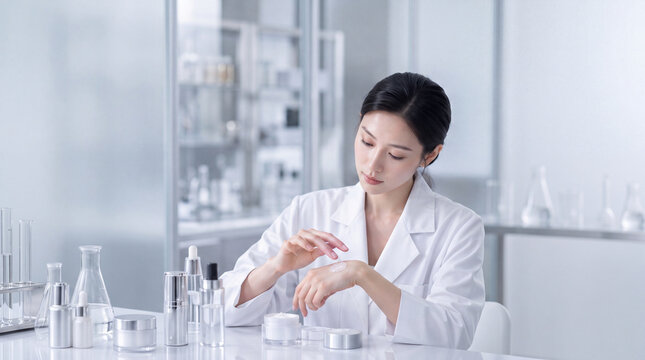 Asian cosmetic researcher in a white lab coat gently spreading a small amount of white cream on the back of her hand to assess its texture, natural fingers and realistic cream consistency