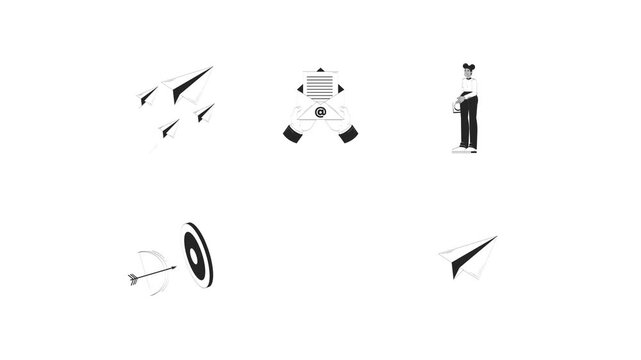 Startup launch and digital marketing black and white hand drawn animation pack. MVP rocket. Business goals targeting. Paper planes flying animated outline 4K video set on transparent background