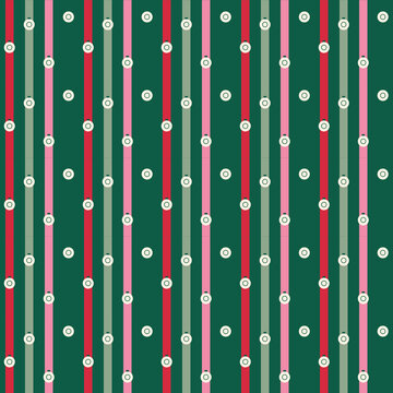 Christmas Seamless Pattern with Vertical Ribbon Stripes and Hanging Baubles on Forest Green, Retro Holiday Vector for Gift Wrap, Fabric Print, Wallpaper, Scrapbooking, and Festive Packaging Background