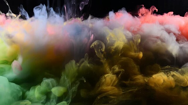 Colored ink clouds billow and diffuse across a black background in fluid abstract motion. Motion graphics, title sequence, and music media.