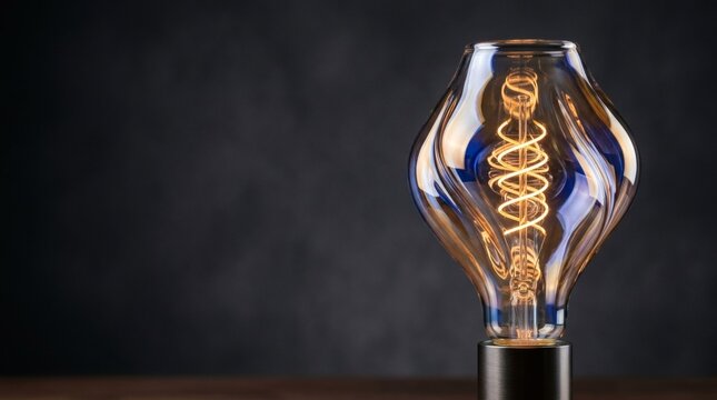Vintage edison light bulb with glowing amber spiral filament on dark background for creative concept design.