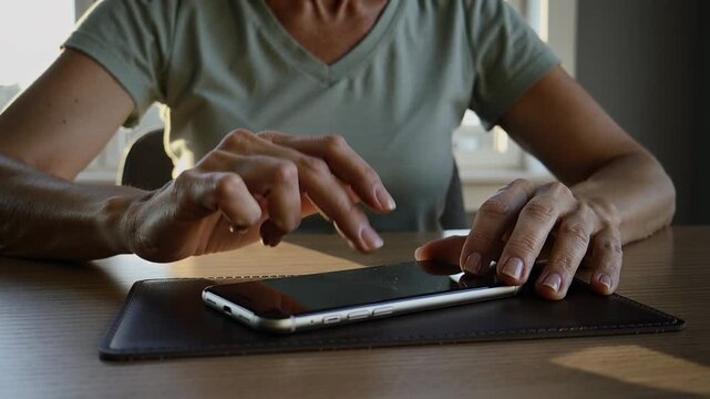 Hovering tapping left finger, woman in green V tee scrolling phone on mat at desk, backlit