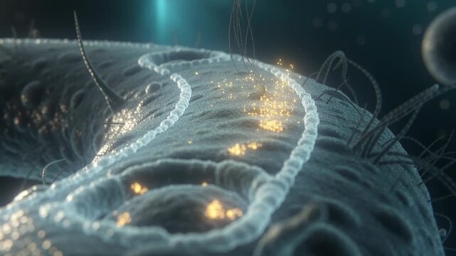 Igniting curved microscopic membrane emitting gold sparks moving along deep groove, seeding pits