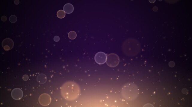 Abstract bokeh lights and particles floating in a dark purple gradient background with warm glow at the bottom