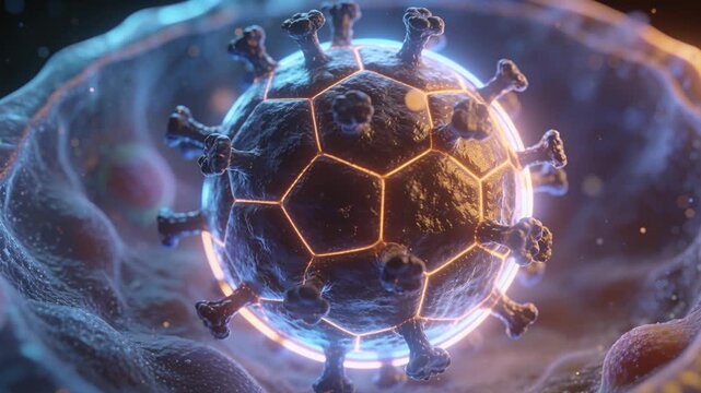 Rotating from microflow, viral sphere approaching membrane, revealing glowing neon ring