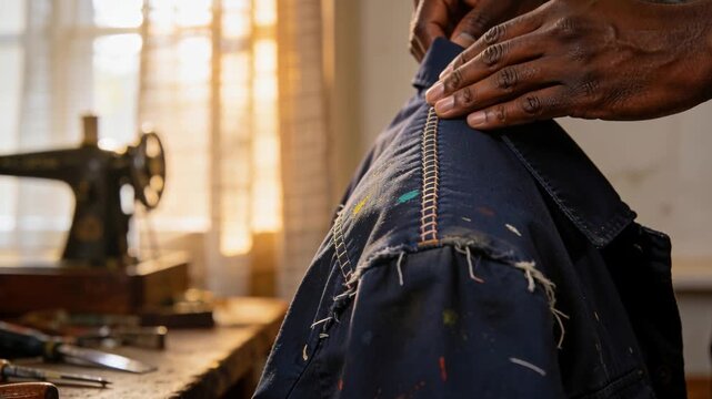 Holding navy jacket, tailor wearing plaid shirt inspecting seam after stitching at bench by machine