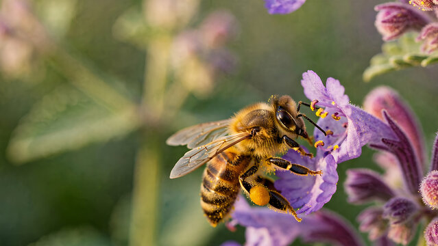 close-up of honeybee pollinating delicate purple flower with soft yellow pollen, vibrant natural sunlight and blurred green