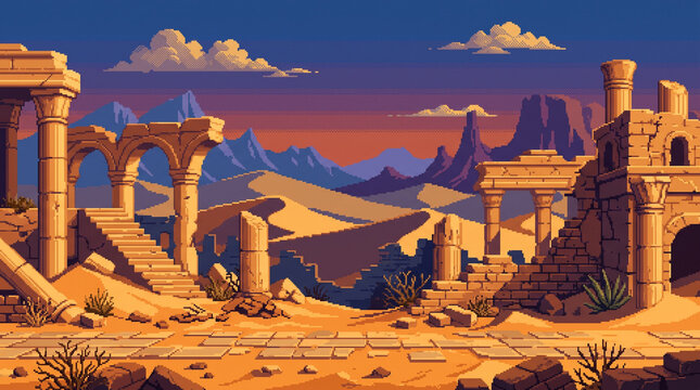 Ancient desert ruins with broken arches - pixel art game background illustration
