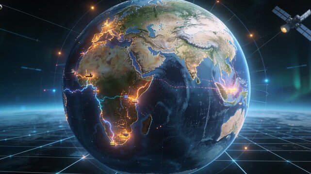 Playing globe showing Africa turning in space, blue route pulsing satellites orbiting, mapping data