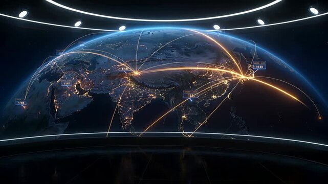 Animating digital globe with orange arc starting glowing network arcs in dark studio, numeric nodes