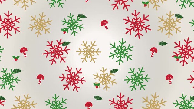 Christmas snowflake pattern in red green and gold with holly and candy