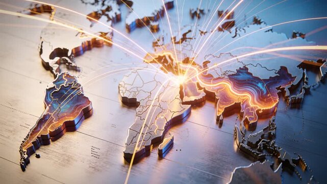 Emitting 3D world map starting orange pulses along Asia-Europe corridor on metal plane, forming hub