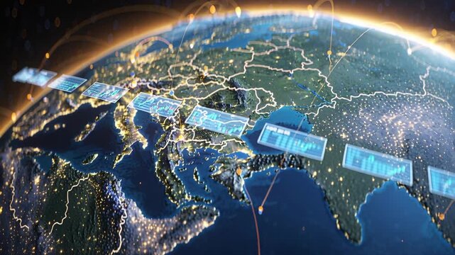Starting tilted globe view, Earth globe rotating, HUD panels sliding east showing network