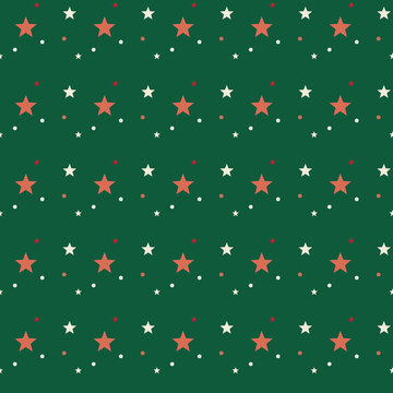 Christmas Seamless Pattern with Red and Gold Stars on Forest Green Background, Retro Holiday Night Sky Vector for Gift Wrap, Fabric Print, Wallpaper, Scrapbooking, and Festive Seasonal Packaging