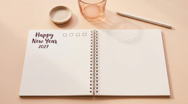 Open spiral notebook featuring happy new year two thousand twenty seven lettering beside pencil and glass