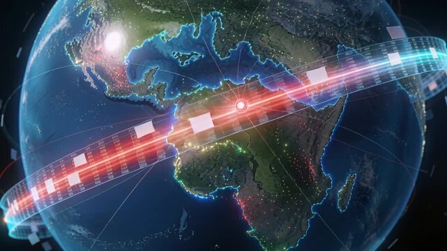 Appearing flare above Pacific starting globe orbiting cyan-red bands with moving node tiles