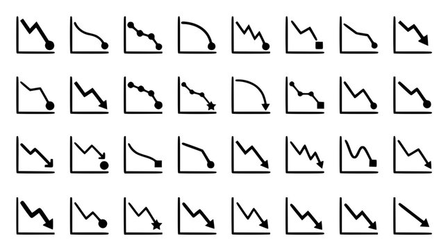 Financial Loss and Declining Economic Trend Line Icon Set Featuring Negative Market Growth Graphs, Downward Arrow Diagrams, Bankruptcy Symbols, and Business Failure Vectors