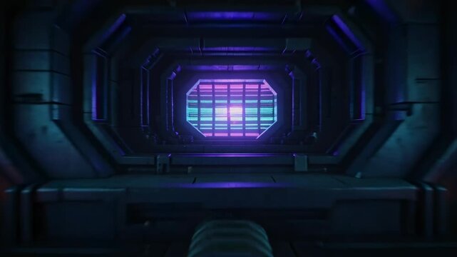 Advancing camera moving through sci-fi corridor, following mist, revealing ribbed conduit and neon