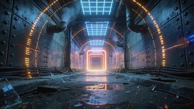 Advancing camera pushing through underground tunnel, revealing neon rings and portal powering up
