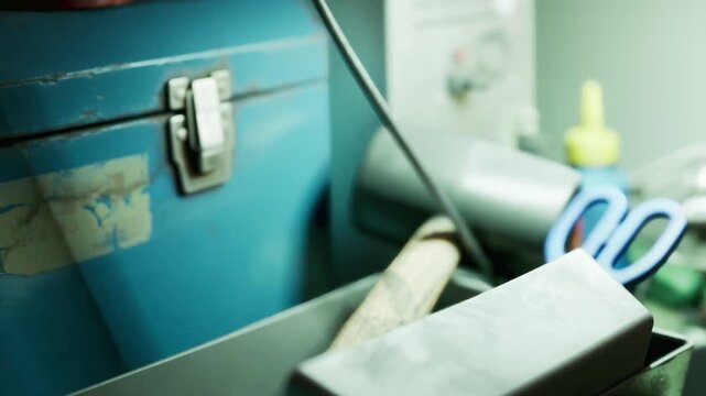 Close up shot shows organized compartments inside a metal toolbox holding tape rolls and tools
