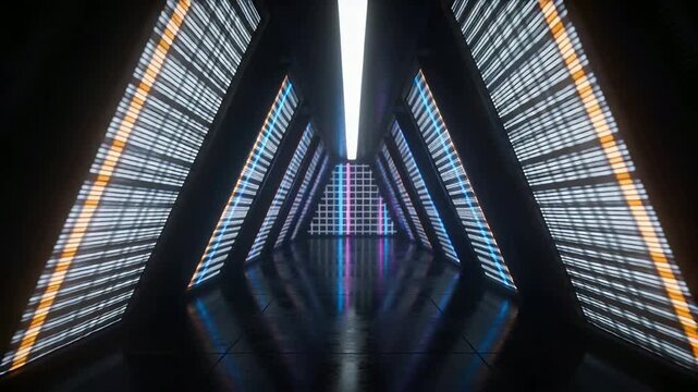 Animating corridor lighting starting and sweeping neon scan lines across angled panels