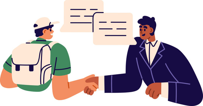 Businessman and courier handshake, agreement. Man and worker from outsourcing delivery service agreeing on business cooperation, shaking hands. Flat vector illustration isolated on white background.