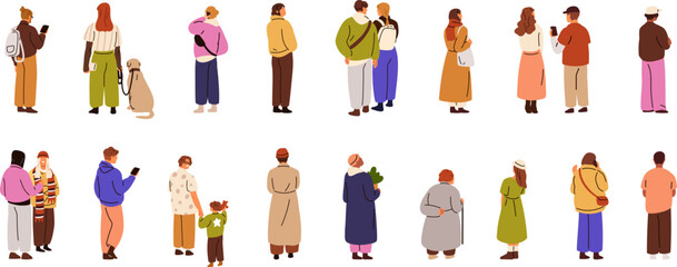 Naklejka na ściany i meble People standing set, rear view. Men, women backside. Behind human backs. Male, female characters with mobile phone, dog, waiting, watching. Flat vector illustrations isolated on white background.