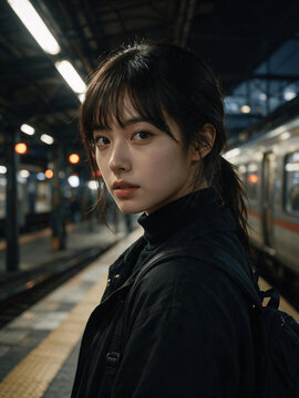 Woman with Backpack Looking Back on an Illuminated Train Platform at Night