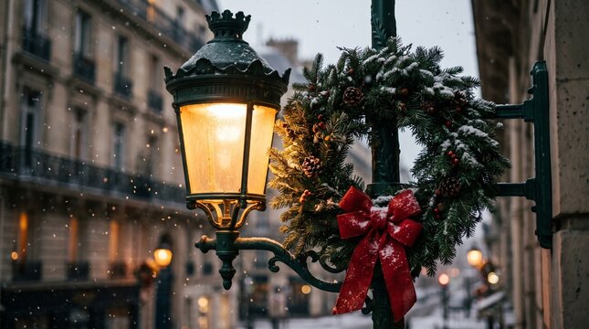 Street lamp decorated with a Christmas wreath during snowfall  