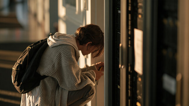 A wide establishing shot at golden hour shows a cybersecurity analyst crouching to peer through a narrow gap in a mortuary science facility server room door one hand reaching for