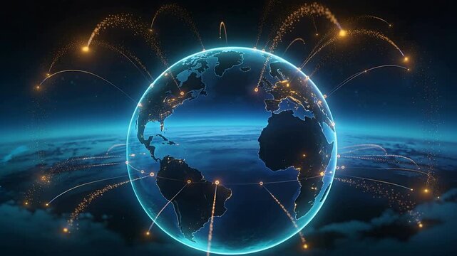 Launching glowing arcs from Earth globe in orbit with orange nodes appearing, creating data flow