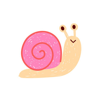 Snail crayon style vector illustration. Hand drawn kids drawing garden animal clipart isolated.