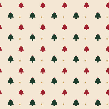 Christmas Seamless Pattern with Minimal Jingle Bells on Cream Background, Retro Festive Red and Dark Green Holiday Vector for Gift Wrap, Fabric Print, Wallpaper, Scrapbooking, and Packaging