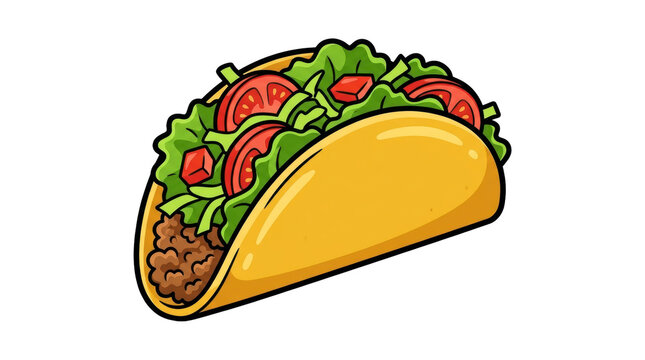 Hard shell taco with meat, lettuce, tomatoes and diced peppers on white background