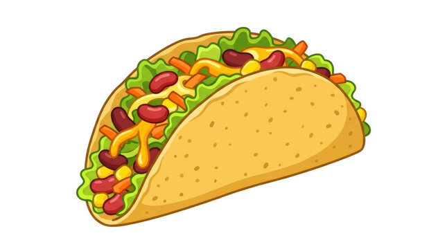 Delicious Mexican Taco with Beans, Cheese, Lettuce, Corn, and Carrots on White Background