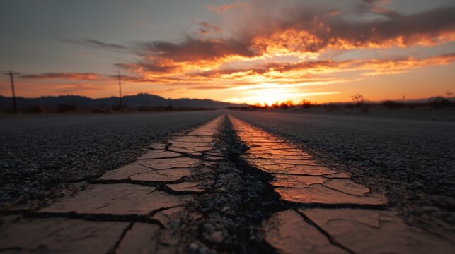 Beneath the fading orange dusk, the deserted road stretched through the barren desert, its cracked surface silent under wind-whipped sand, like a path to nowhere.
