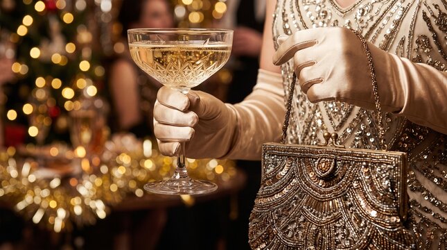 Woman holding a champagne glass at a festive holiday party  