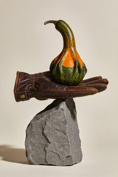 A surreal still life with a brown leather glove and decorative gourd on stone, symbolizing the harvest link of human and autumn nature.