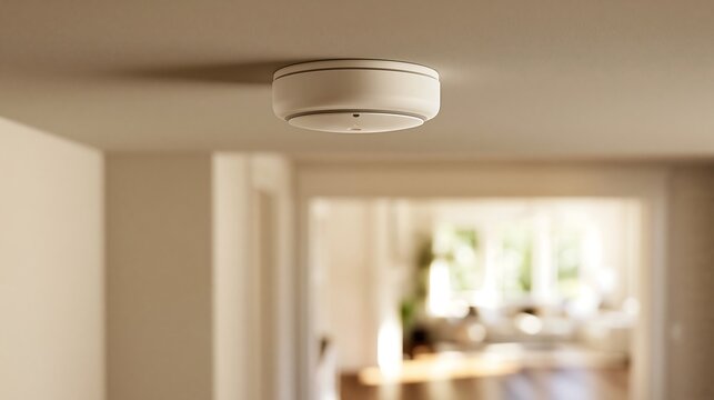 Modern white smoke detector installed on a light ceiling, isolated on transparent background. Essential home safety equipment for security and peace of mind.