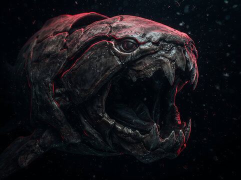 Dark fantasy sea monster head with red glowing veins and open jaws