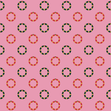 Pink Christmas Seamless Pattern with Cute Geometric Wreaths and Ring Garlands, Retro Pastel Holiday Vector Background for Gift Wrap, Fabric Print, Wallpaper, Scrapbooking, and Seasonal Packaging