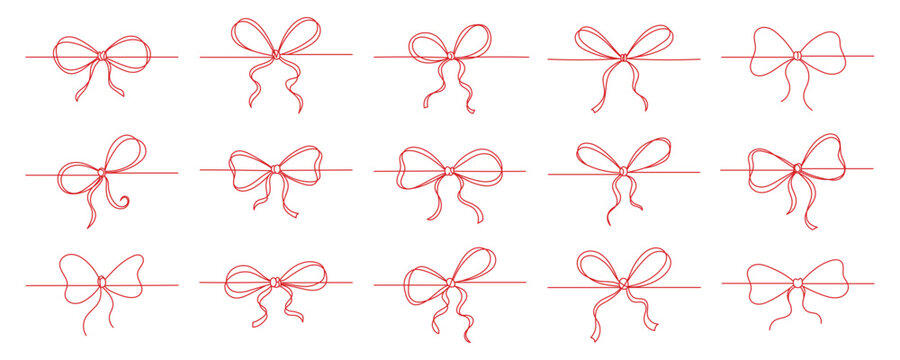 Set of hand drawn linear red string ribbon bows isolated on white background, vector illustration Editable stroke